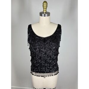 Vintage Black Beaded Sequin Tank Small Wool Fringe Gatsby Glam 50s 60s Evening